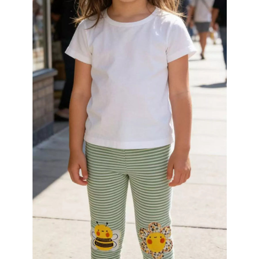 Children’s Striped Bee Flower Appliqued Leggings Matcha Green / 2T Apparel and Accessories