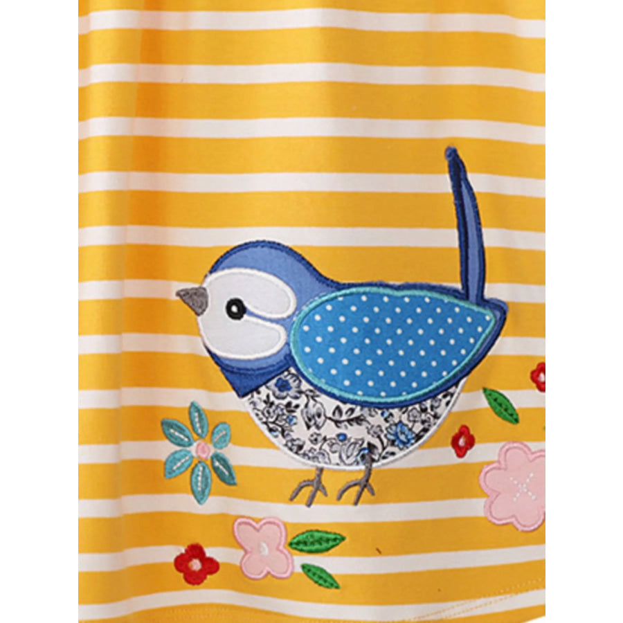 Children’s Striped Bird Embroidered Casual Dress Apparel and Accessories