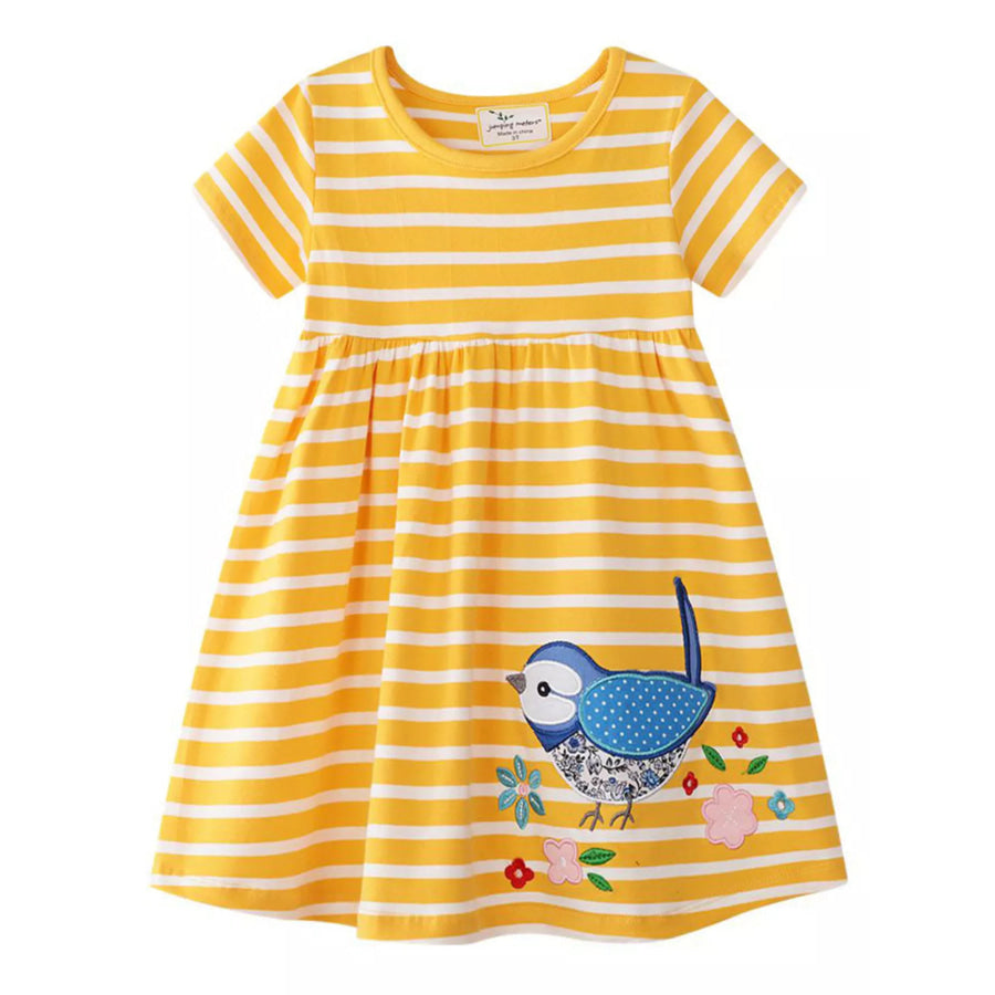 Children’s Striped Bird Embroidered Casual Dress Gold / 2T Apparel and Accessories