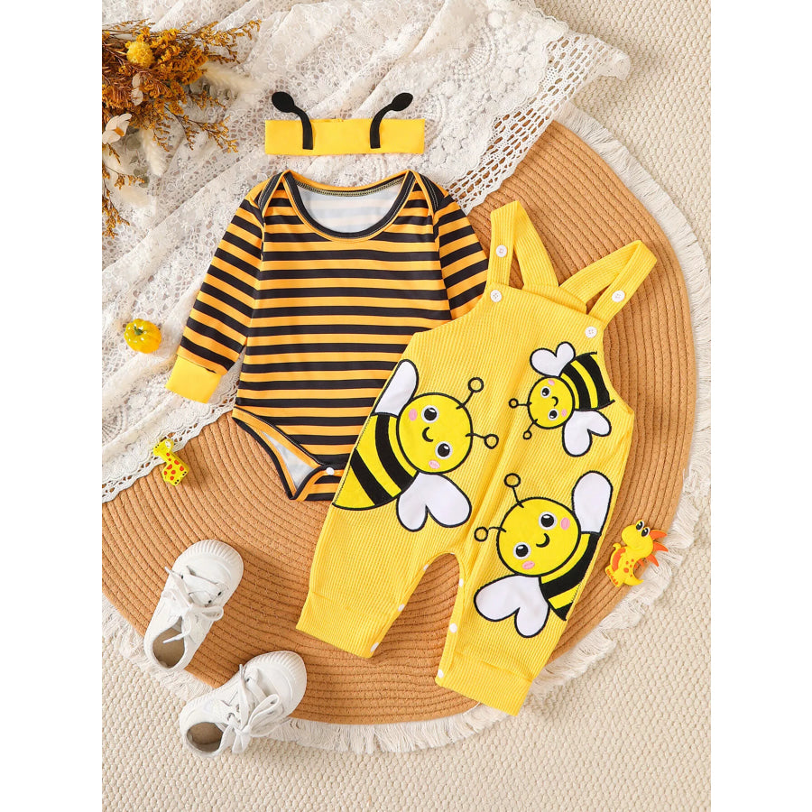 Children’s Striped Bodysuit & Overalls & Headband Set Yellow / 0-3M Apparel and Accessories