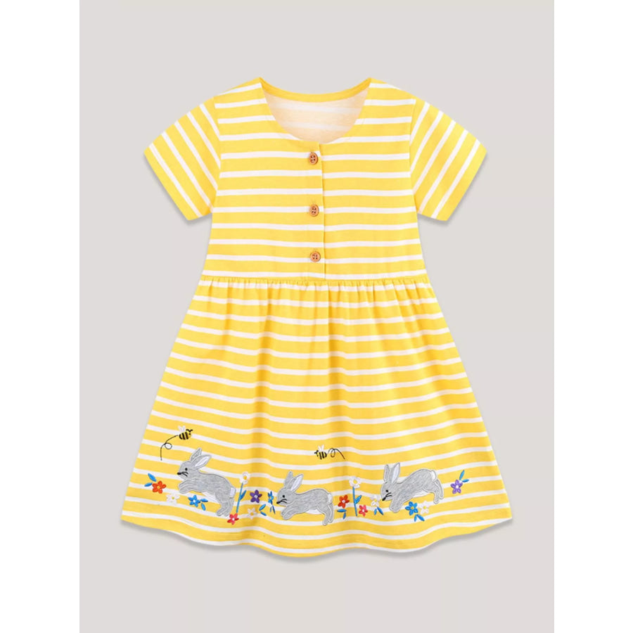 Children’s Striped Bunny Embroidered Button-Front Dress Yellow / 2Y Apparel and Accessories