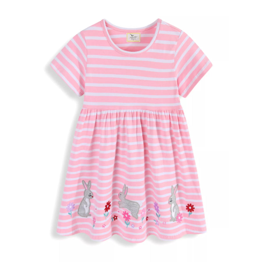 Children’s Striped Bunny Embroidered Dress Blush Pink / 2T Apparel and Accessories