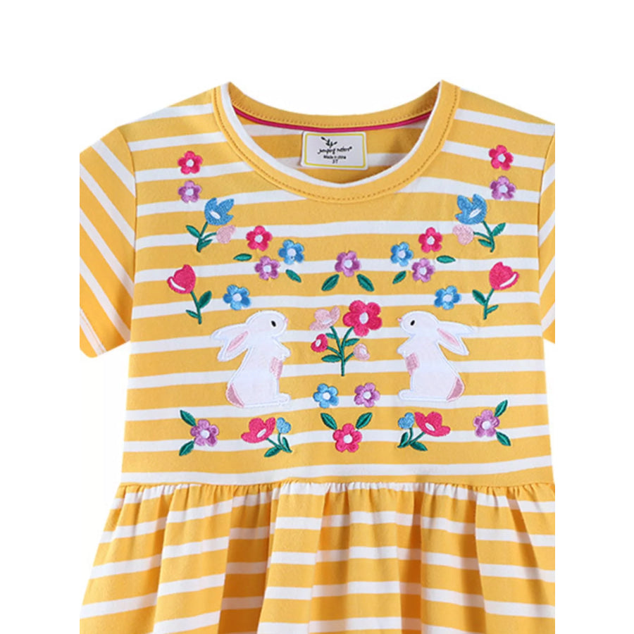 Children’s Striped Bunny Embroidered Round Neck Dress Apparel and Accessories