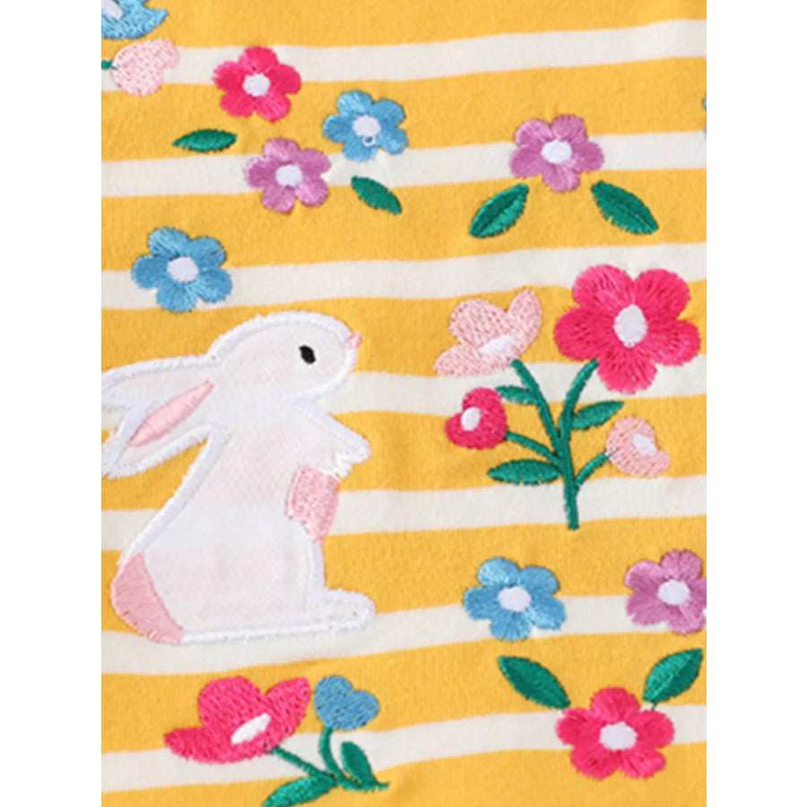 Children’s Striped Bunny Embroidered Round Neck Dress Apparel and Accessories