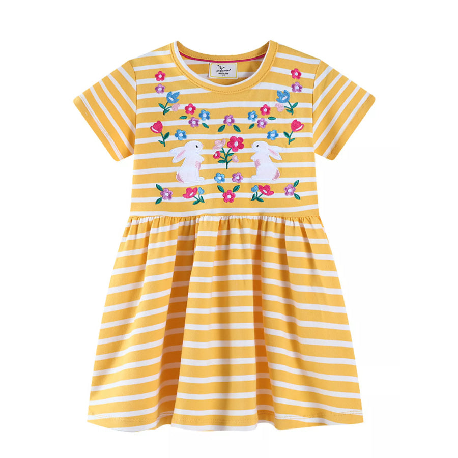 Children’s Striped Bunny Embroidered Round Neck Dress Gold / 2T Apparel and Accessories