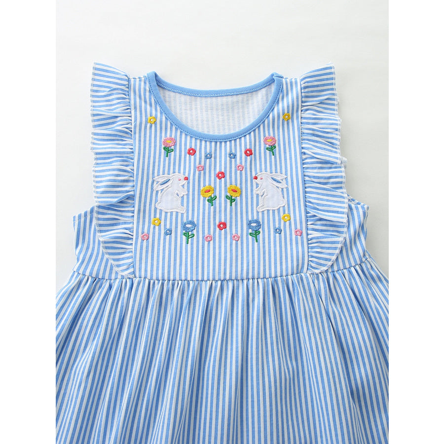 Children’s Striped Bunny Embroidered Ruffle Sleeve Dress Apparel and Accessories
