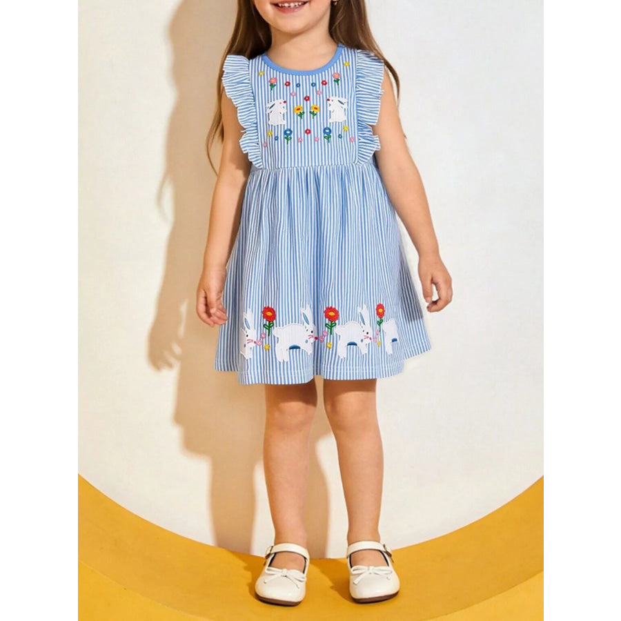 Children’s Striped Bunny Embroidered Ruffle Sleeve Dress Light Blue / 2Y Apparel and Accessories