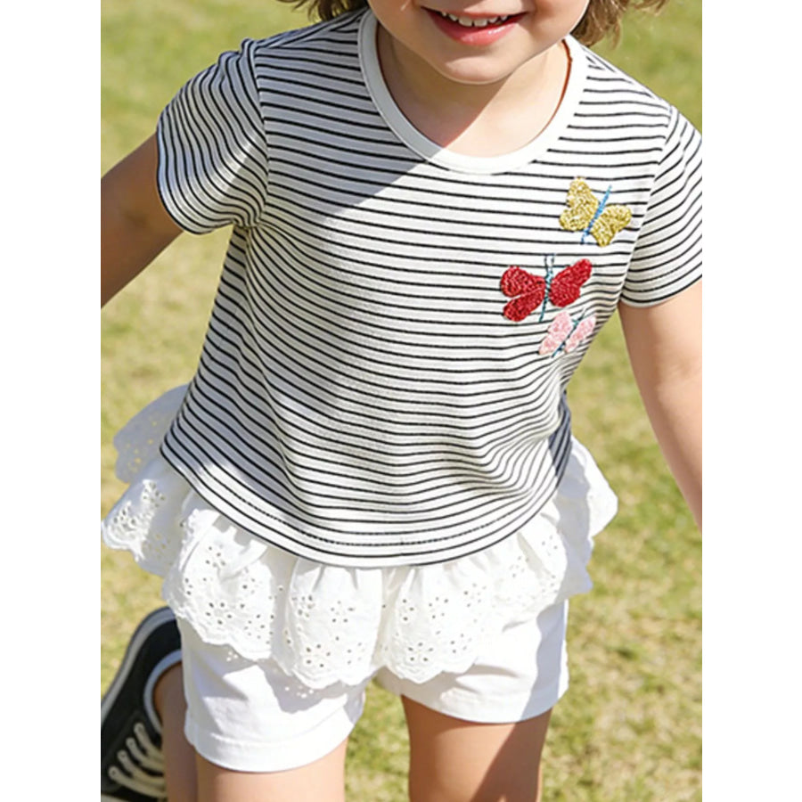 Children’s Striped Butterfly Embroidered Ruffle Hem T-Shirt Apparel and Accessories