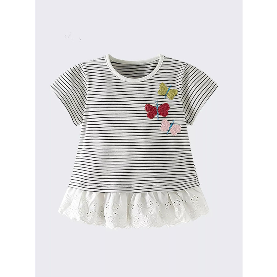 Children’s Striped Butterfly Embroidered Ruffle Hem T-Shirt Apparel and Accessories
