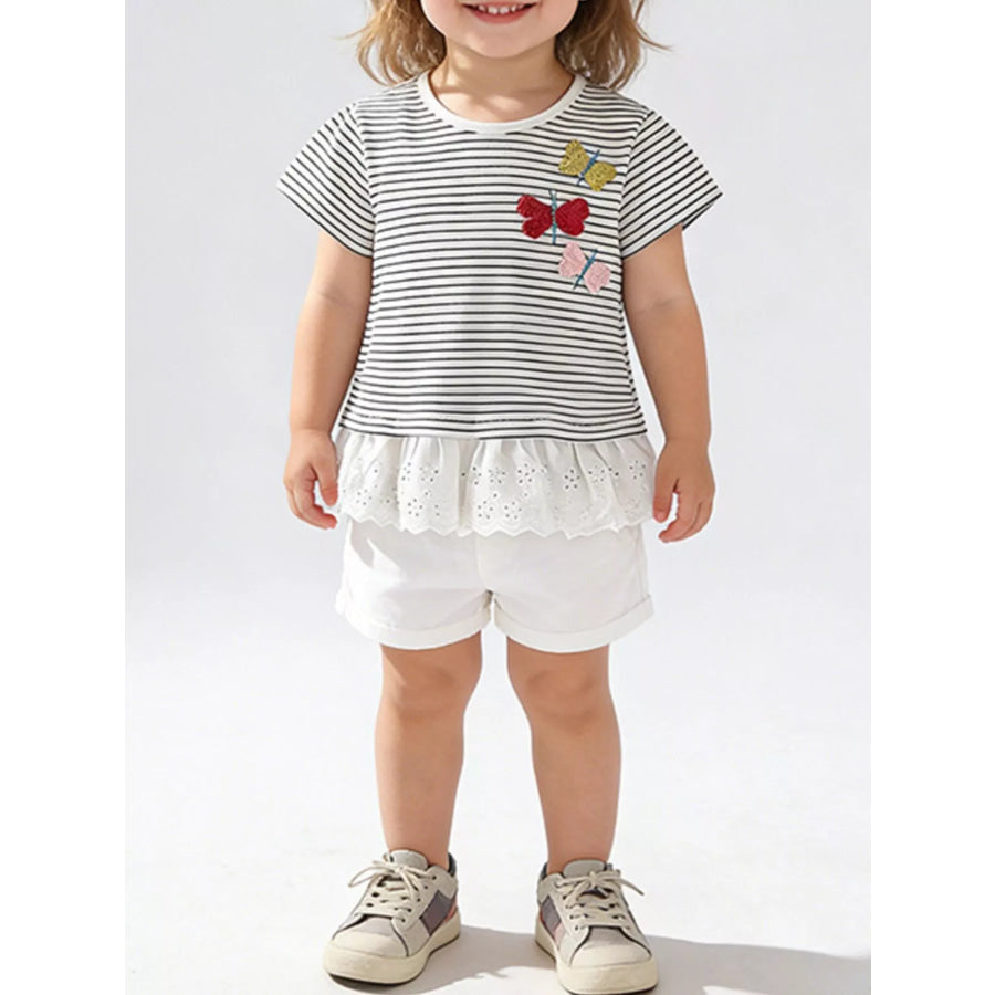 Children’s Striped Butterfly Embroidered Ruffle Hem T-Shirt Gray/white / 3T Apparel and Accessories