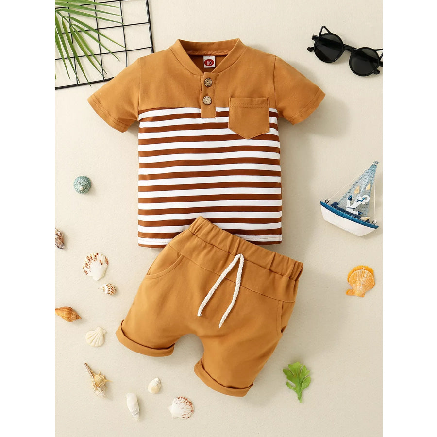 Children’s Striped Button Detail Polo and Shorts Set Brown / 3-6M Apparel Accessories