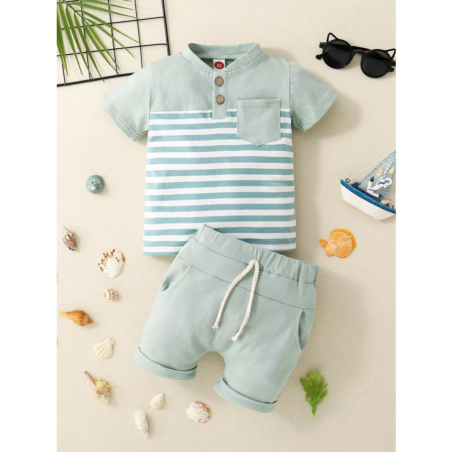 Children’s Striped Button Detail Polo and Shorts Set Green / 3-6M Apparel Accessories