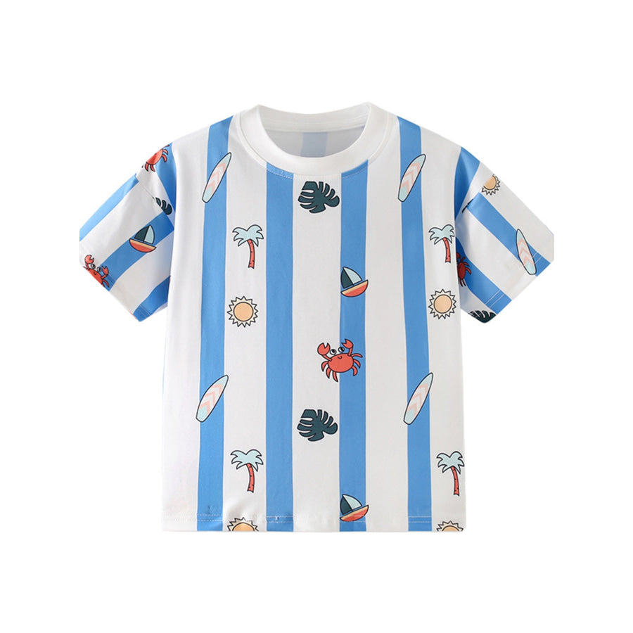 Children’s Striped Cartoon Print Round Neck T-Shirt Apparel and Accessories