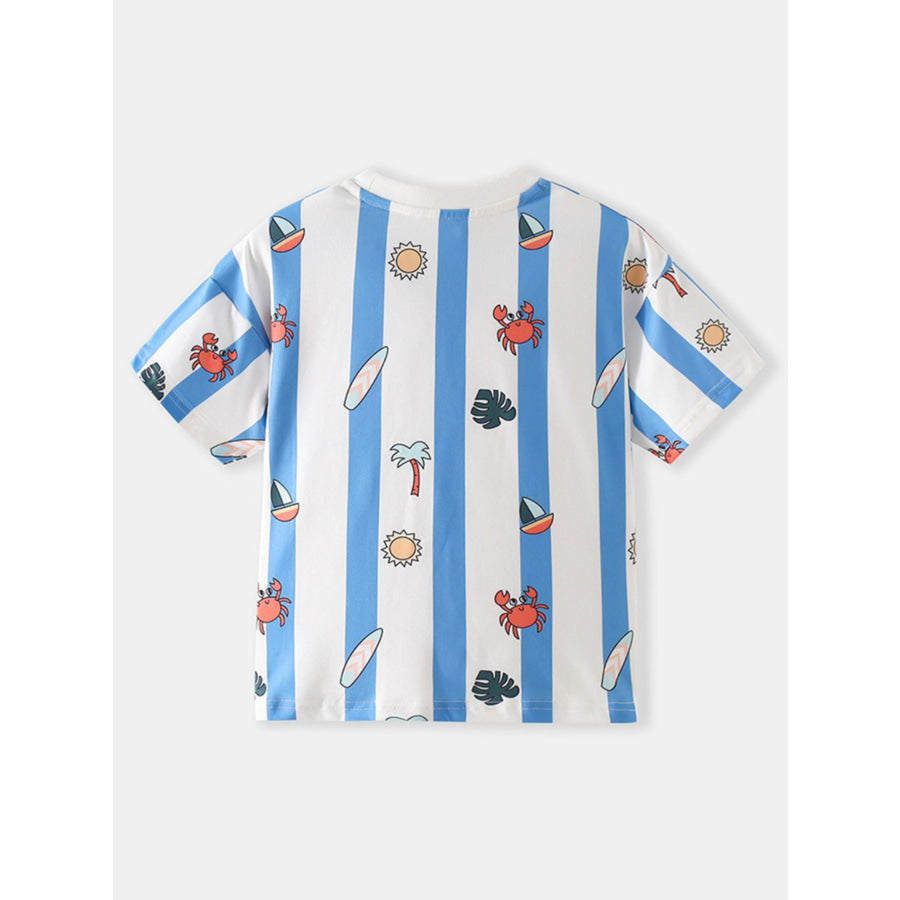 Children’s Striped Cartoon Print Round Neck T-Shirt Apparel and Accessories