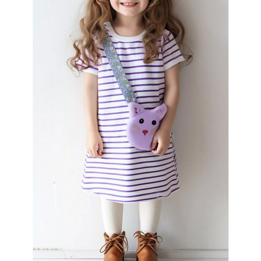 Children’s Striped Casual Dress with Cat Bag Lavender / 2Y Apparel and Accessories