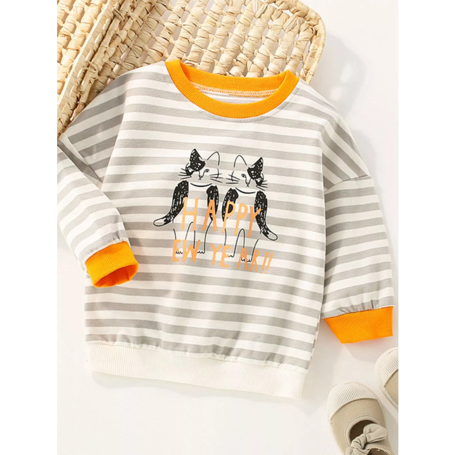 Children’s Striped Cat Crew Neck Sweatshirt Light Gray / 3Y Apparel and Accessories