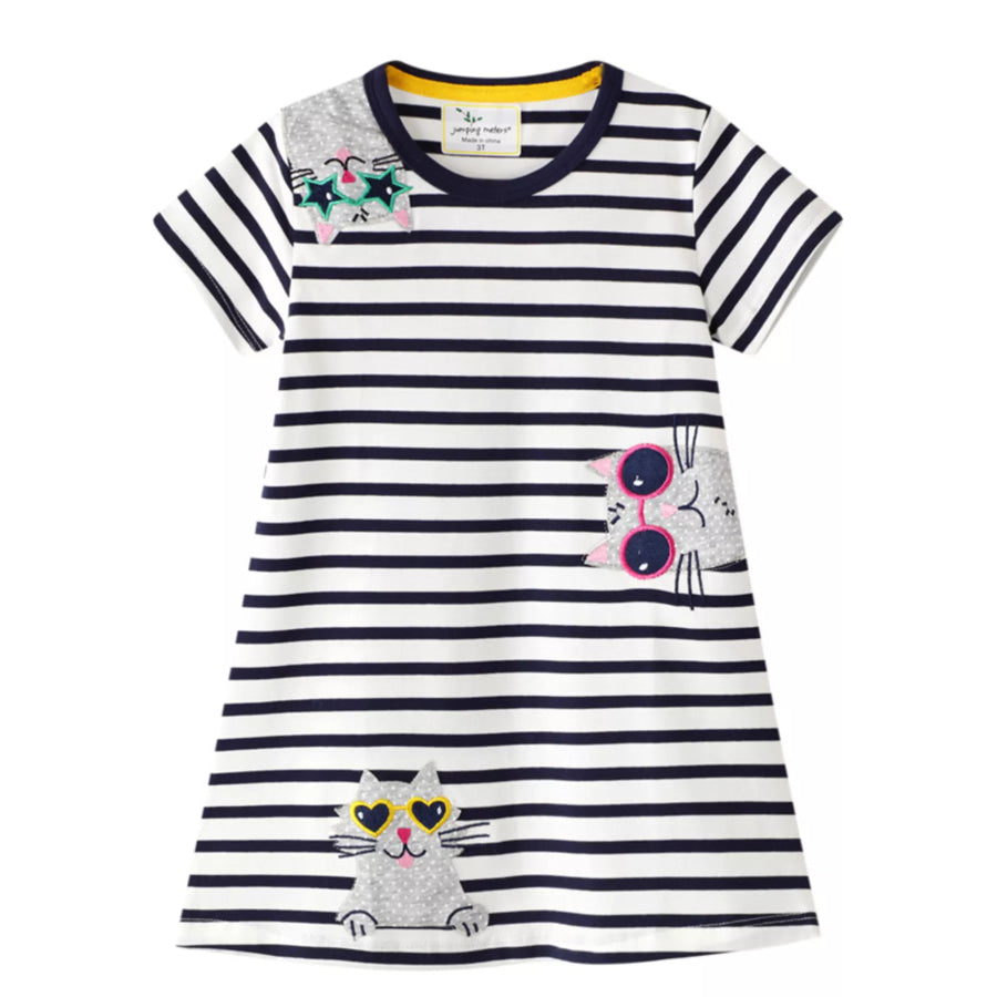 Children’s Striped Cat Short Sleeve Dress Black / 2T Apparel and Accessories