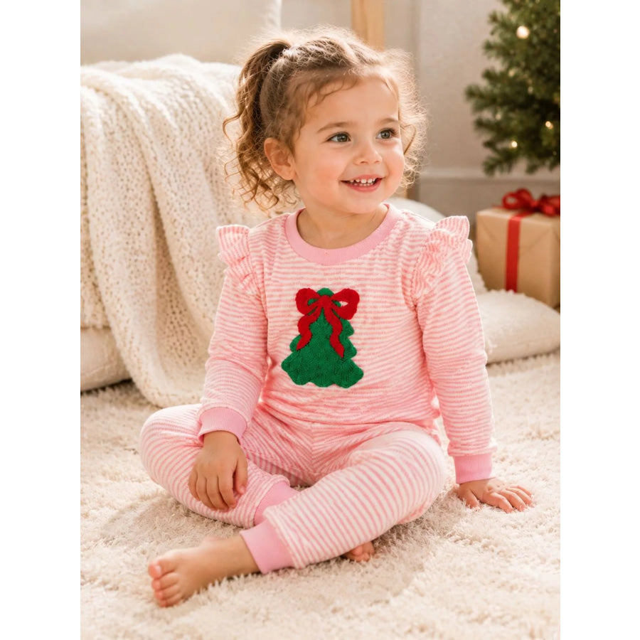 Children’s Striped Christmas Tree Ruffle Pajama Set Pink / 6-12M Apparel and Accessories
