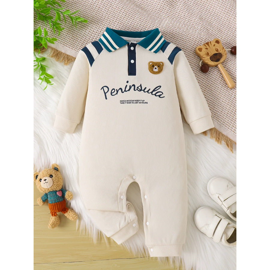 Children’s Striped Collar Long Sleeve One-Piece Beige / 0-3M Apparel and Accessories
