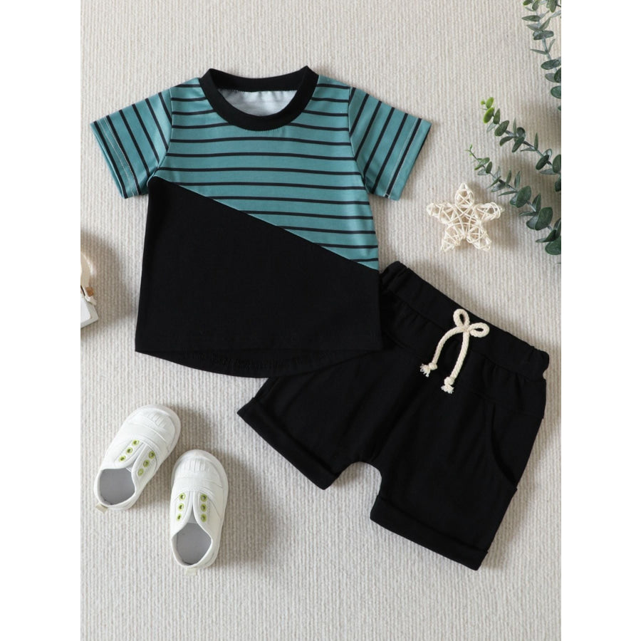 Children’s Striped Color Block Casual Top and Shorts Set Black / 0-6M Apparel and Accessories