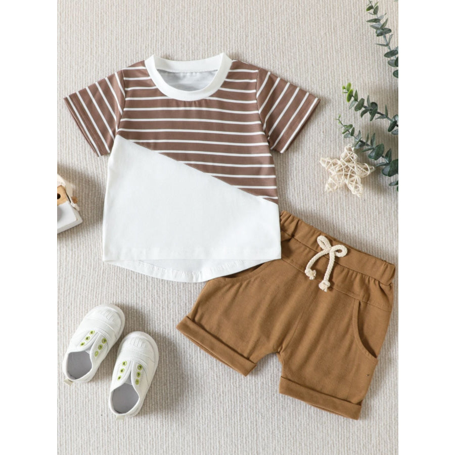 Children’s Striped Color Block Casual Top and Shorts Set Khaki / 0-6M Apparel and Accessories