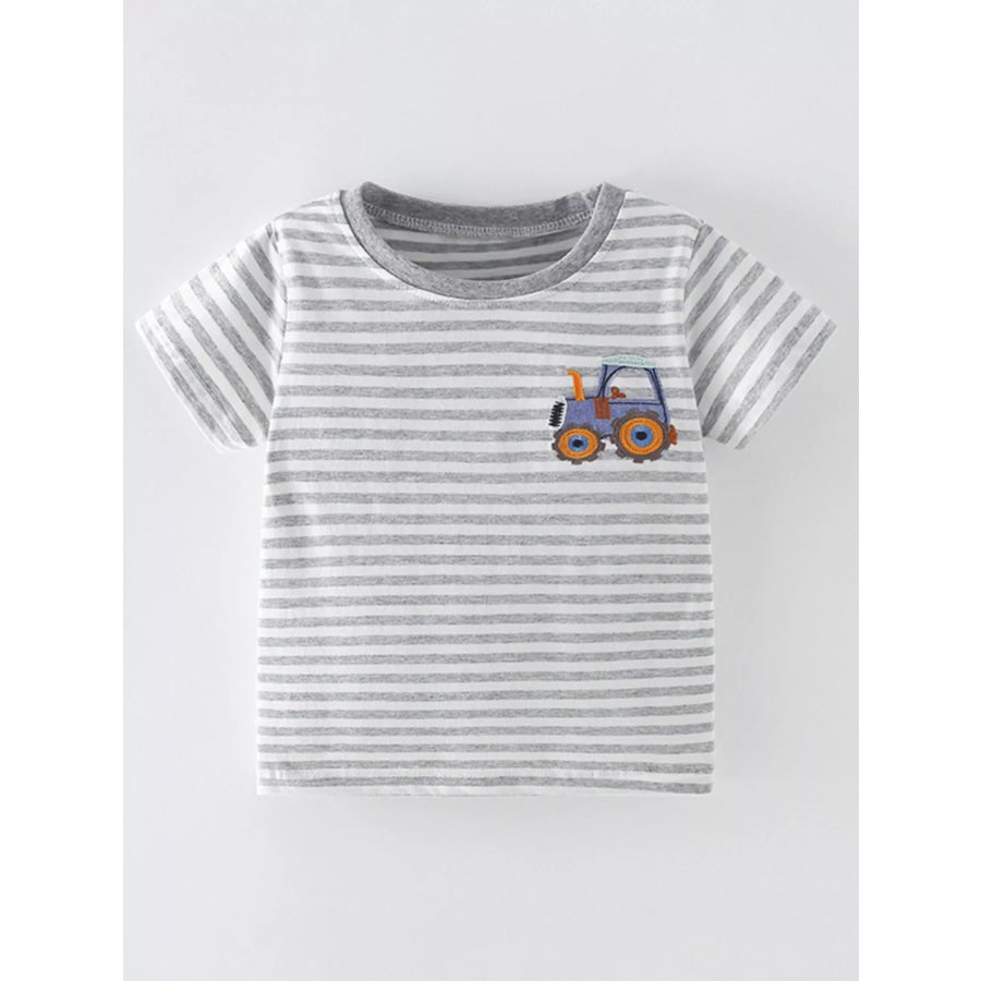 Children’s Striped Cotton Toddler T-Shirt with Tractor Applique Light Gray / 6Y Apparel and Accessories