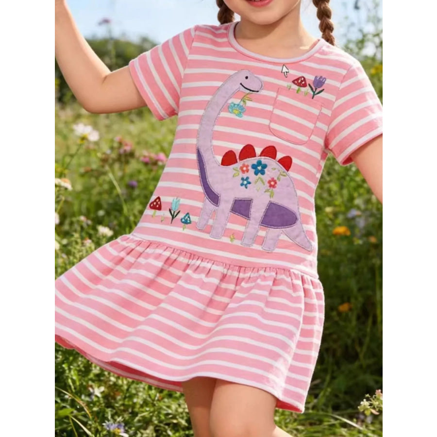 Children’s Striped Dinosaur Embroidered Casual Dress Blush Pink / 2T Apparel and Accessories