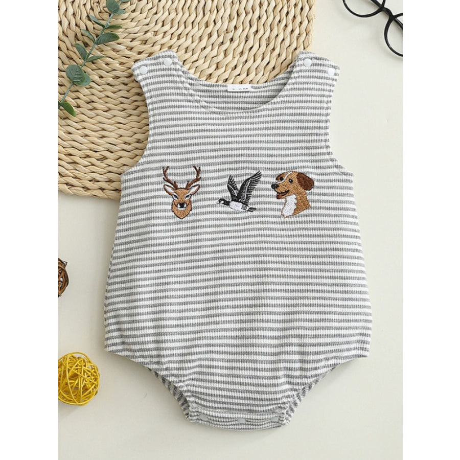 Children’s Striped Embroidered Animal Sleeveless One-Piece Light Gray / 0-3M Apparel and Accessories