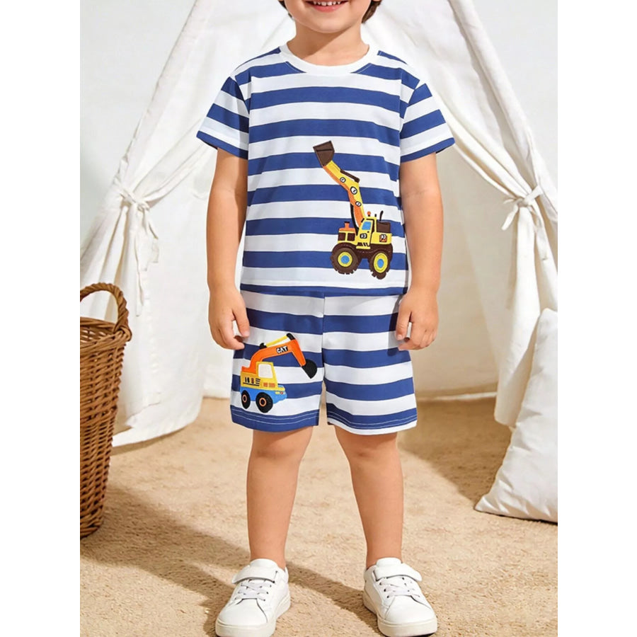 Children’s Striped Excavator Print Tee and Shorts Set Indigo / 2Y Apparel and Accessories