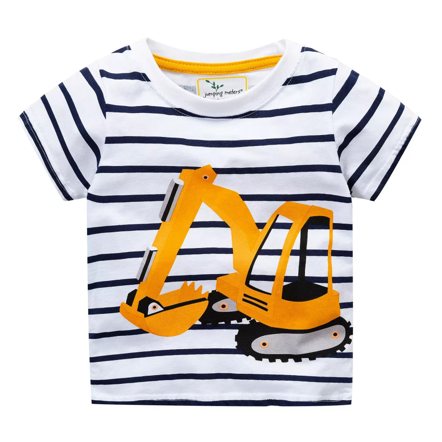 Children’s Striped Excavator Round Neck T-Shirt White / 2T Apparel and Accessories