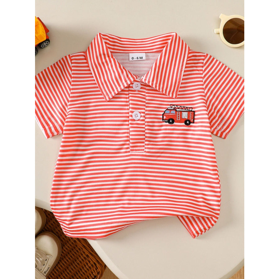 Children’s Striped Firetruck Embroidered T-Shirt Coral / 0-6M Apparel and Accessories