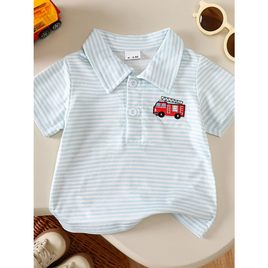 Children’s Striped Firetruck Embroidered T-Shirt White / 0-6M Apparel and Accessories