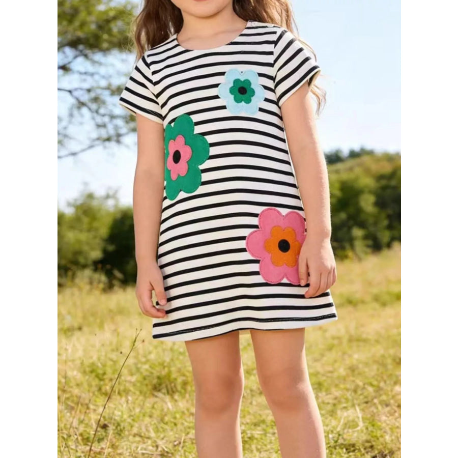 Children’s Striped Floral Applique Casual Dress Black / 2T Apparel and Accessories