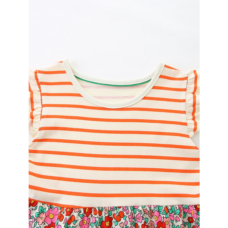 Children’s Striped Floral Print Ruffle Sleeve Dress Apparel and Accessories