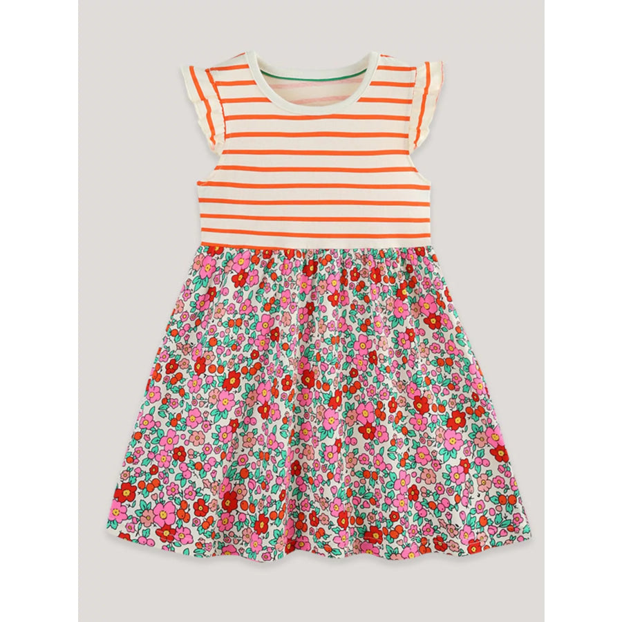 Children’s Striped Floral Print Ruffle Sleeve Dress Apparel and Accessories