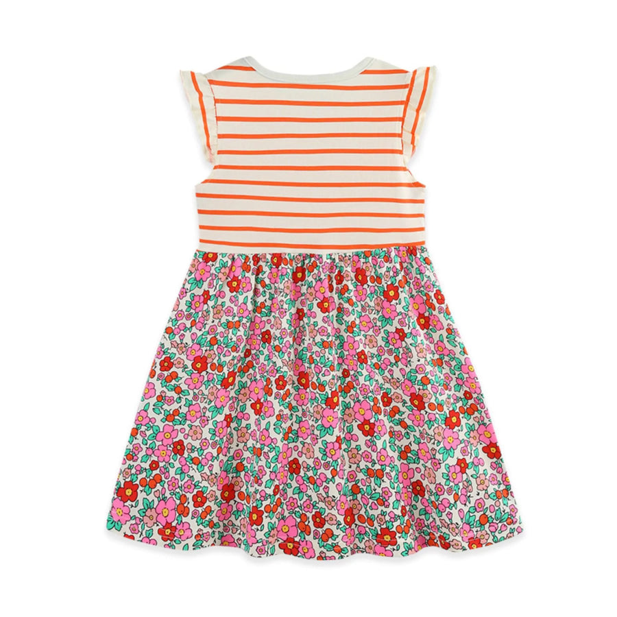 Children’s Striped Floral Print Ruffle Sleeve Dress Apparel and Accessories