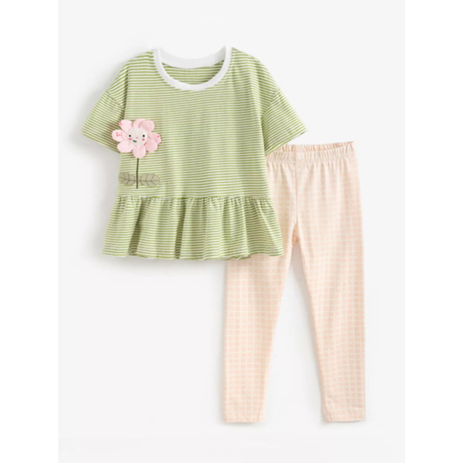 Children’s Striped Flower Applique Top and Pants Set Sage / 3T Apparel and Accessories