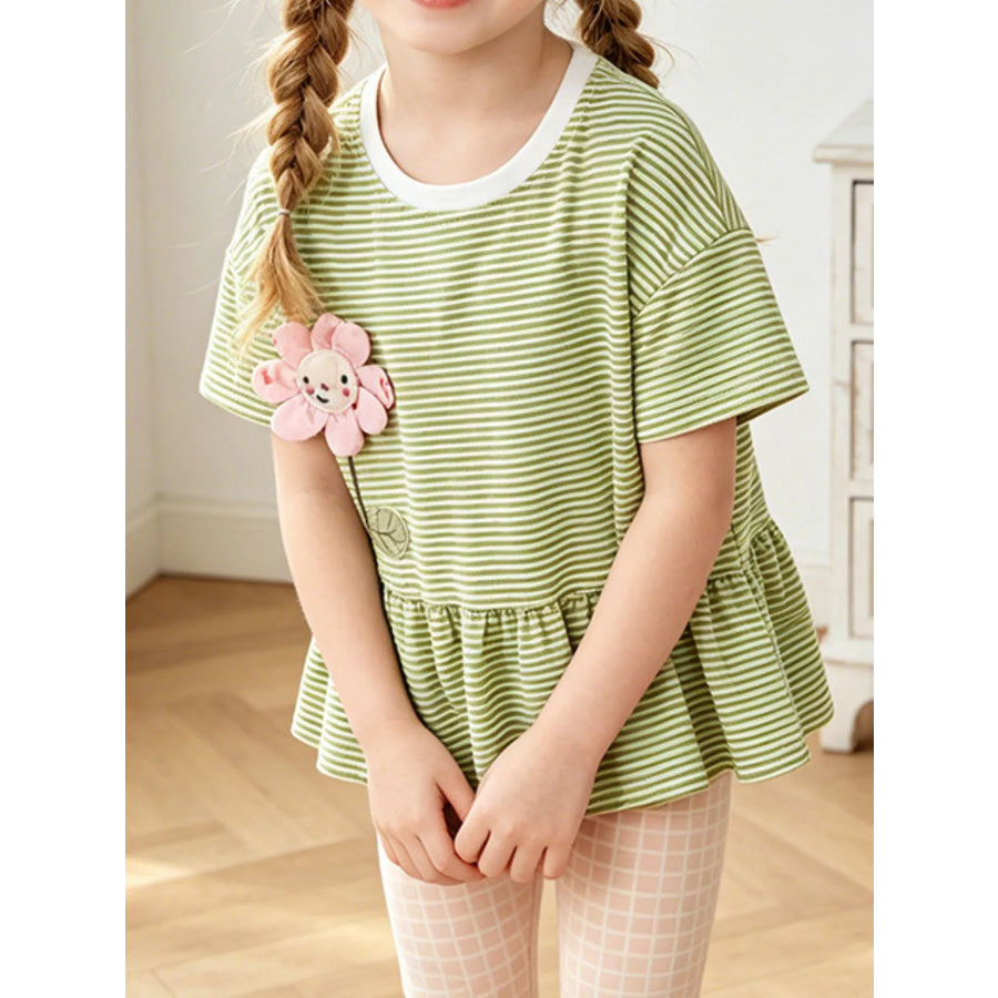 Children’s Striped Flower Applique Top and Pants Set Sage / 3T Apparel and Accessories
