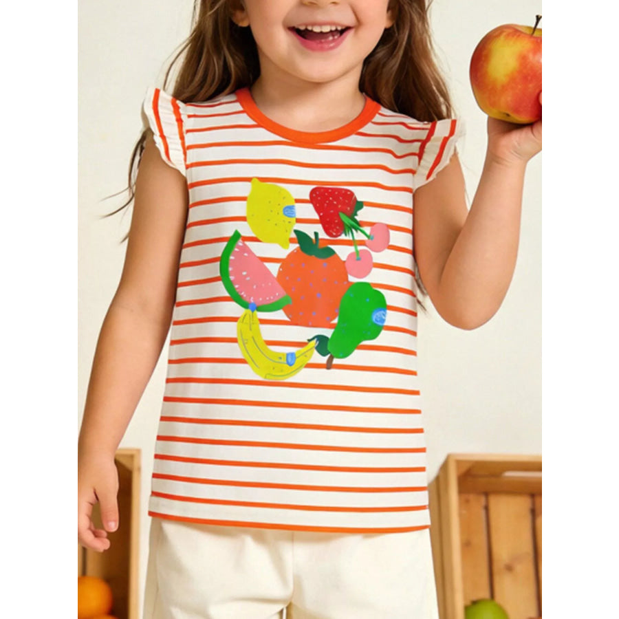 Children’s Striped Fruit Print Ruffle Sleeve Tee Orange / 2Y Apparel and Accessories