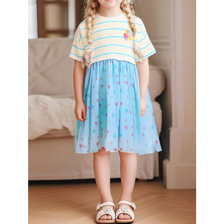 Children’s Striped Heart Print Tulle Dress Pastel Blue / 2Y Apparel and Accessories