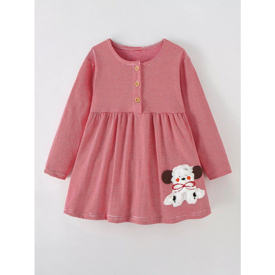 Children’s Striped Long-Sleeve Casual Dress with Puppy Applique Apparel and Accessories