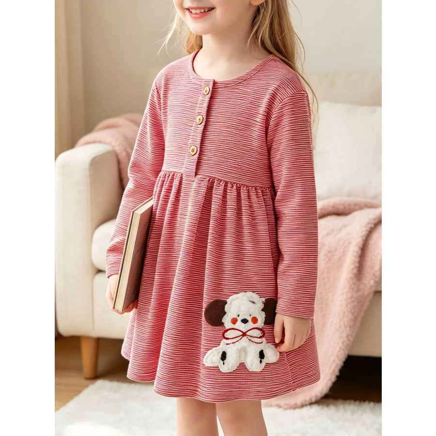 Children’s Striped Long-Sleeve Casual Dress with Puppy Applique Multicolo / 3T Apparel and Accessories