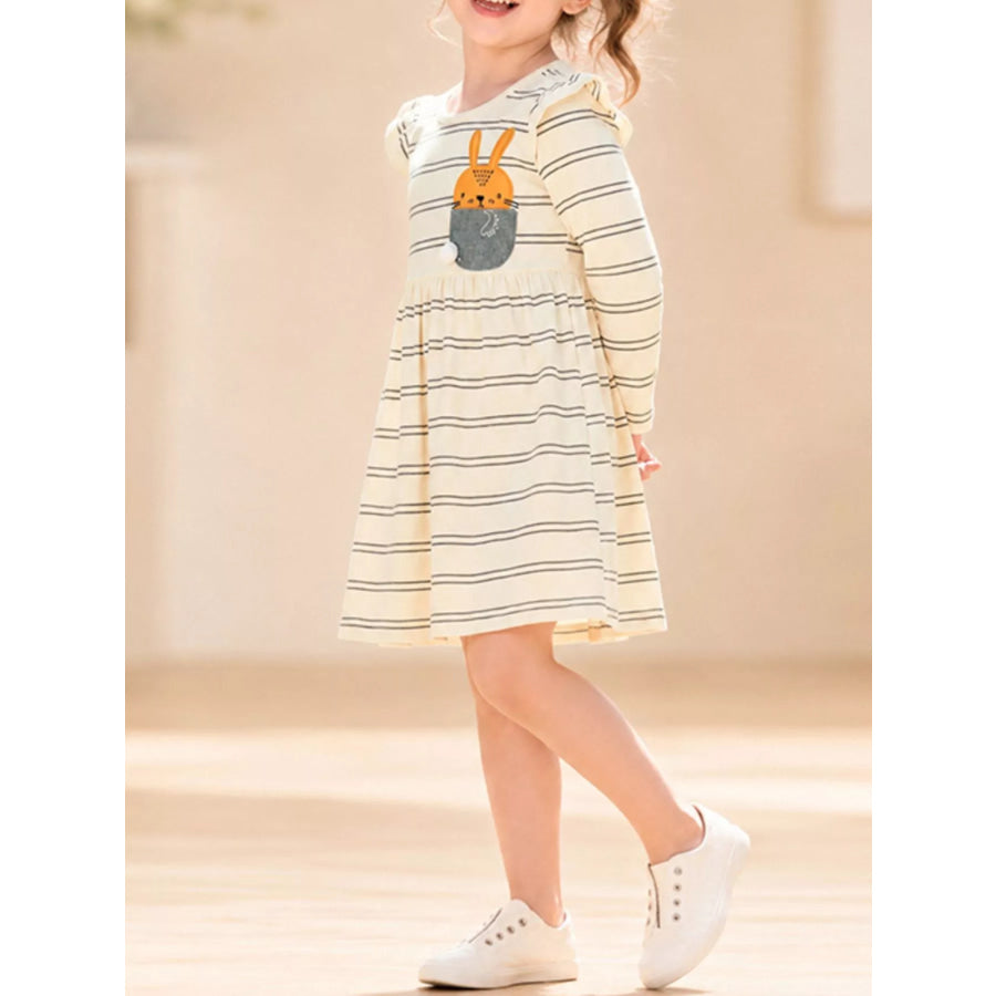 Children’s Striped Long-Sleeve Dress with Rabbit Pocket Detail Apparel and Accessories