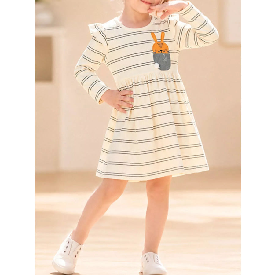 Children’s Striped Long-Sleeve Dress with Rabbit Pocket Detail Apparel and Accessories