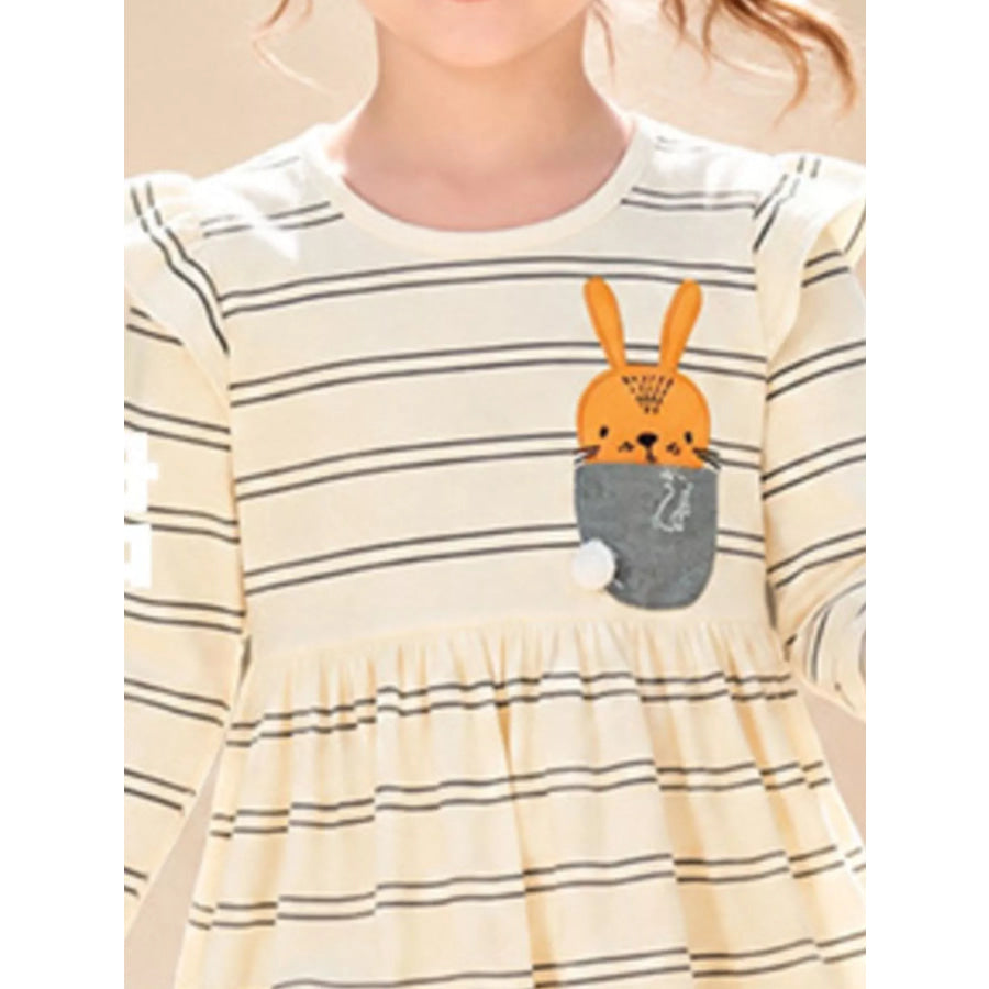 Children’s Striped Long-Sleeve Dress with Rabbit Pocket Detail Apparel and Accessories