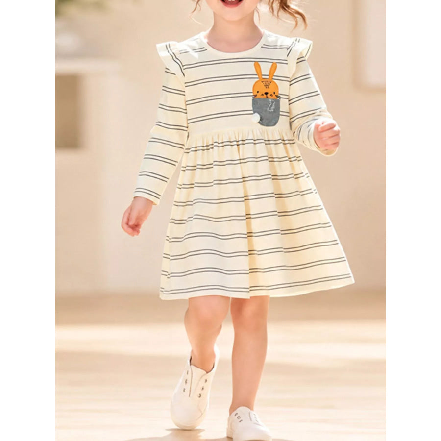 Children’s Striped Long-Sleeve Dress with Rabbit Pocket Detail Cream / 2Y Apparel and Accessories