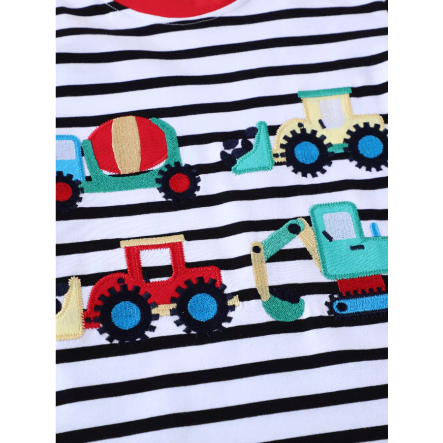 Children’s Striped Long Sleeve T-Shirt with Construction Vehicle Appliques Apparel and Accessories