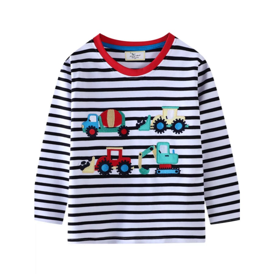 Children’s Striped Long Sleeve T-Shirt with Construction Vehicle Appliques Black / 2T Apparel and Accessories