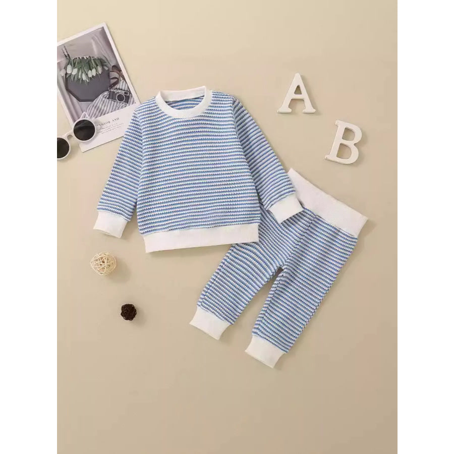 Children’s Striped Long Sleeve Top and Pants Set Light Blue / 0-3M Apparel and Accessories