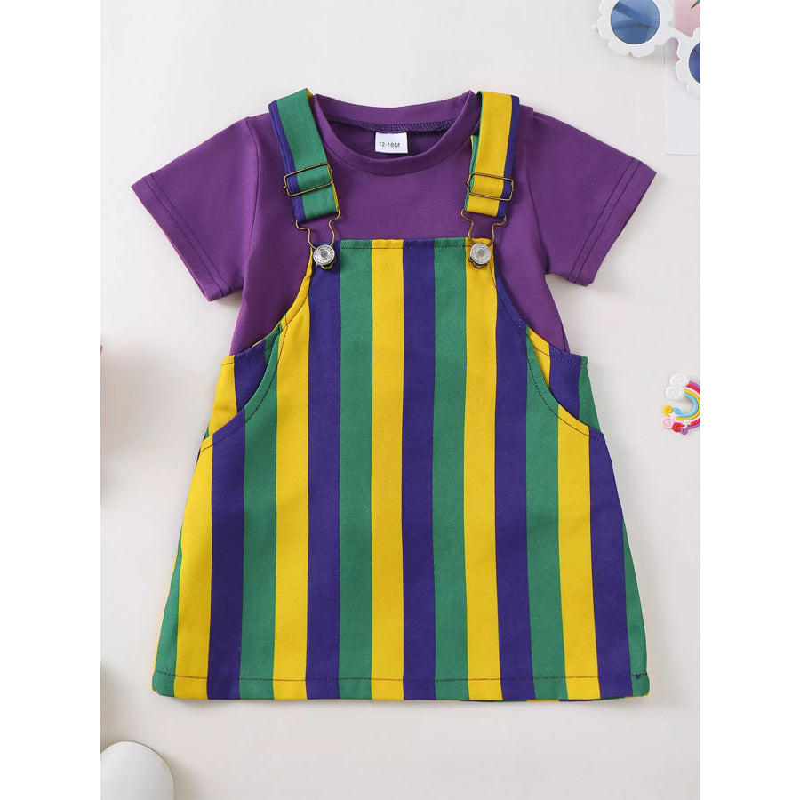 Children’s Striped Overall Dress & Solid Tee Set Purple / 6-12M Apparel and Accessories